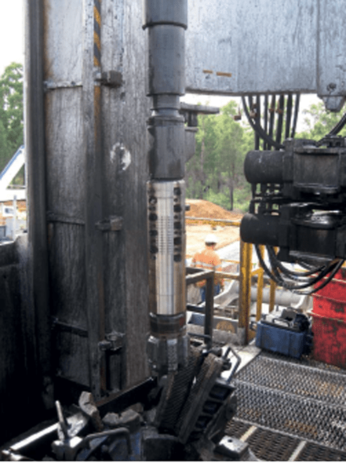 The RM sub set up for a vertical well CBM project. Nine locations of bar magnets are visible from this view, although 15 bar magnets were used. The others can be seen after the sub is slightly rotated.